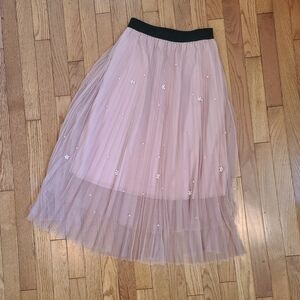 Pink Tulle and Pearl Pleated Skirt